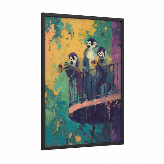 Jazz Monkeys framed art print — black wood frame — yellow gold and teal palette