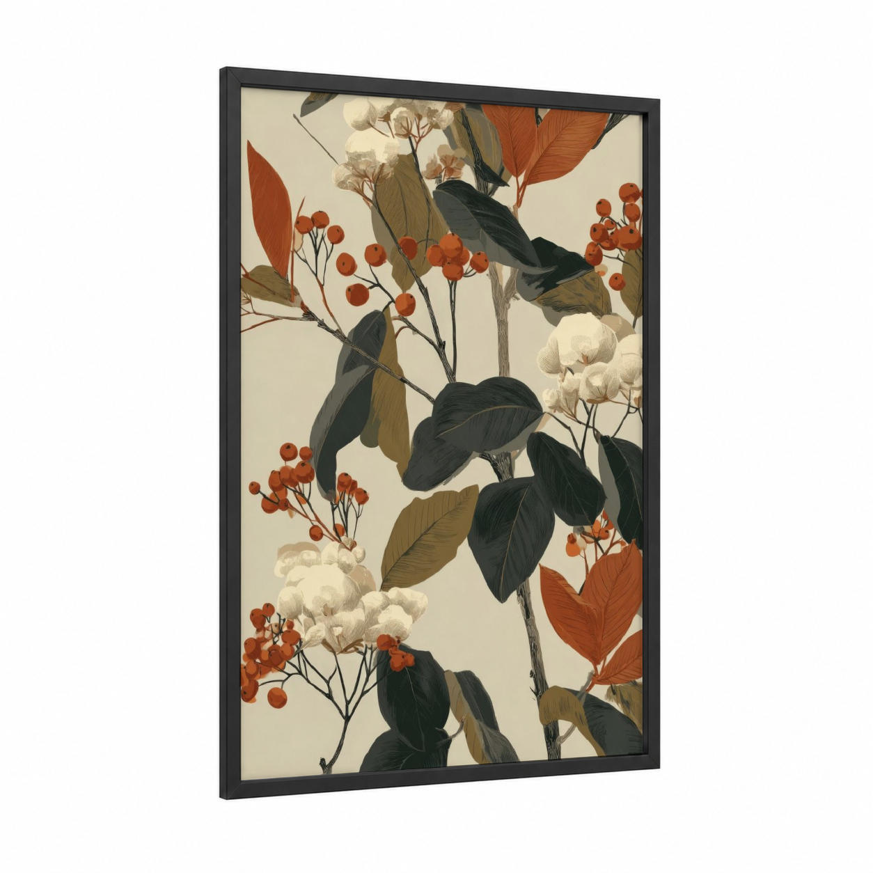 Autumn Berries framed fruit trees print — black wood frame — cream and russet palette