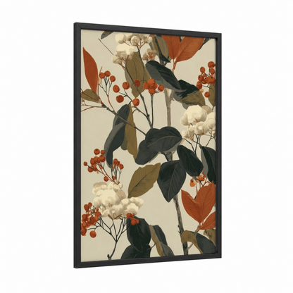 Autumn Berries framed fruit trees print — black wood frame — cream and russet palette