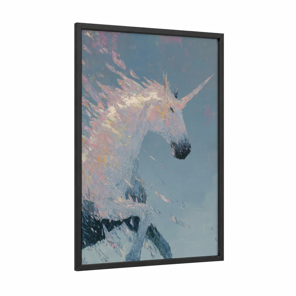 Ethereal Unicorn framed unicorns print — black wood frame — lavender and blue and white palette