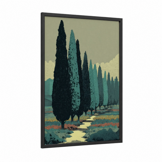 Cypress Avenue Path framed cypress tree print — black wood frame — teal and cream palette