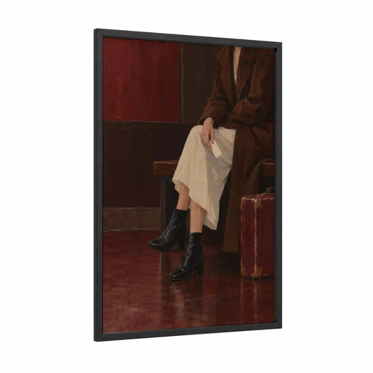 Vintage Train Station Fashion Wall Art framed fashion illustration print — black wood frame — maroon and espresso palette