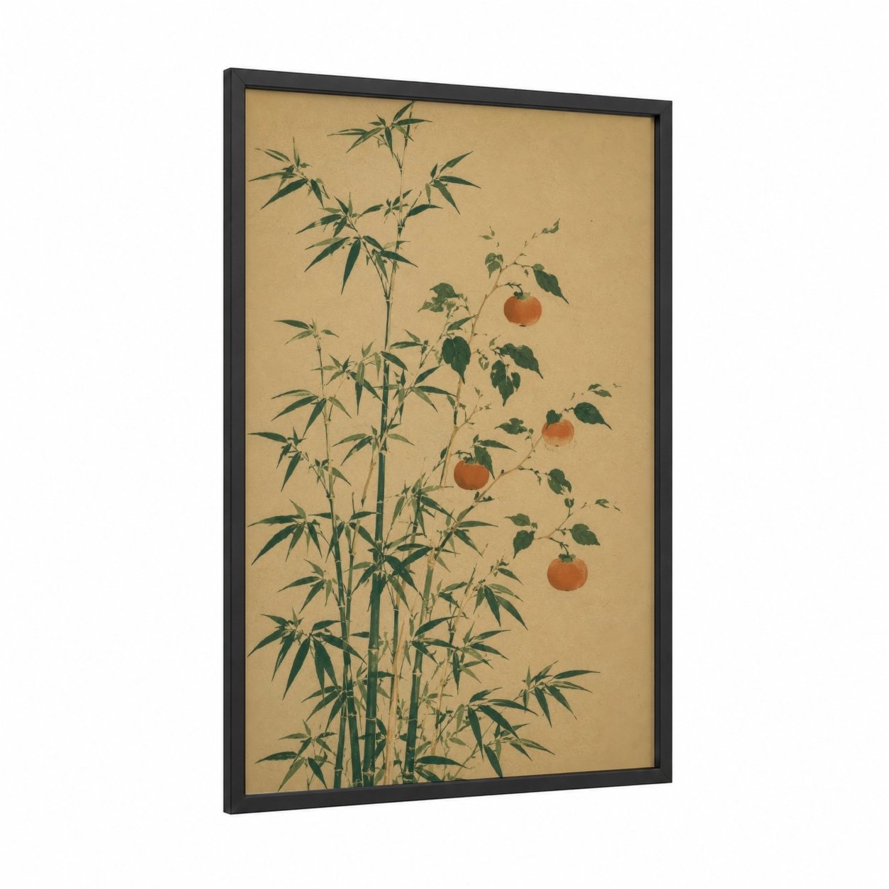 Japanese Bamboo and Persimmon Wall Art framed art print — black wood frame — beige and olive palette