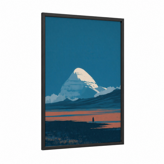 Snowy Himalayas framed art print — black wood frame — teal and russet palette