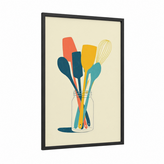 Culinary Palette framed kitchen utensils print — black wood frame — mustard and teal palette