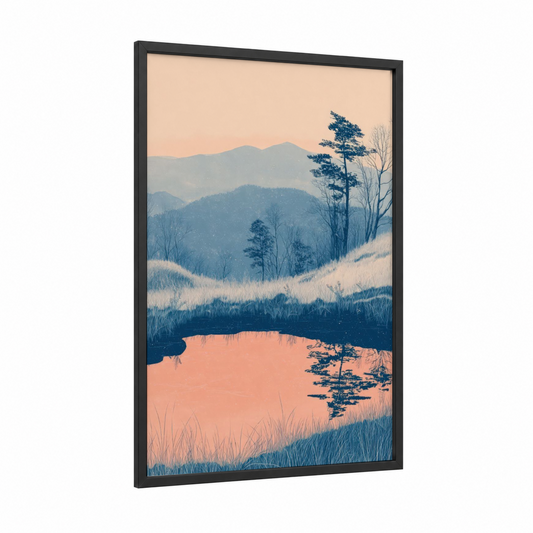Crimson Mountain Dawn framed blue ridge mountains print — black wood frame — blue and peach palette