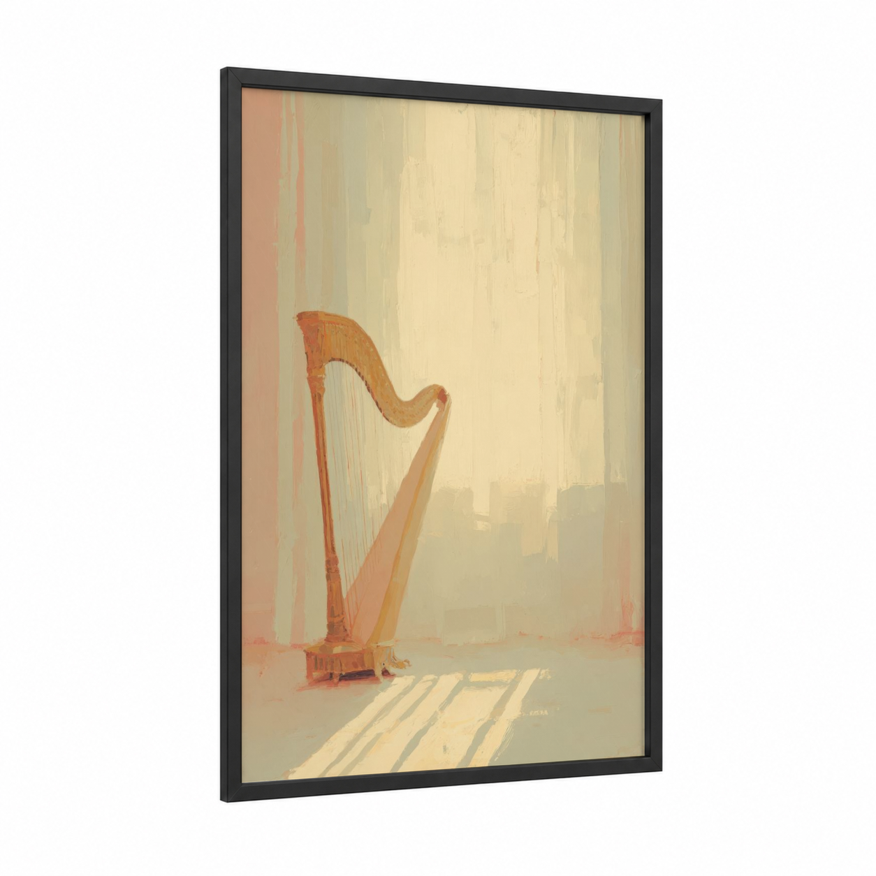 Sunlit Harp framed art print — black wood frame — gold and cream palette