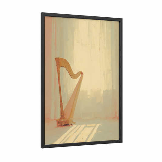 Sunlit Harp framed art print — black wood frame — gold and cream palette