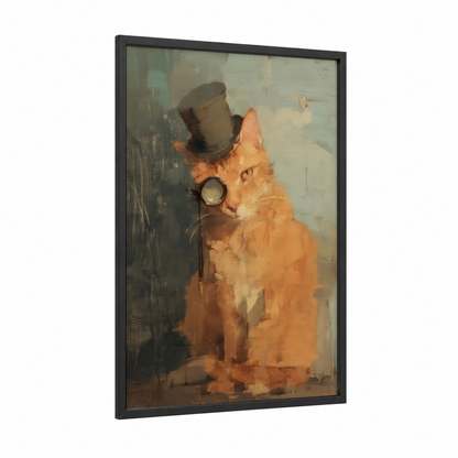 Steampunk Ginger Cat framed art print — black wood frame — orange and sage green palette