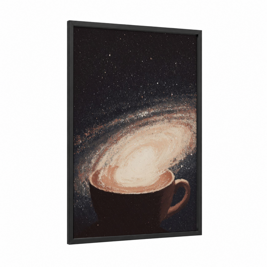 Cosmic Coffee framed milky way print — black wood frame — black and champagne gold palette