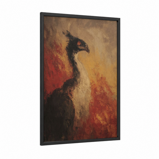 Fiery Chimera framed art print — black wood frame — gold and red palette