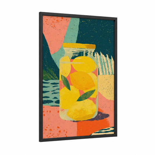 Preserved Lemons framed condiments print — black wood frame — yellow gold and teal palette