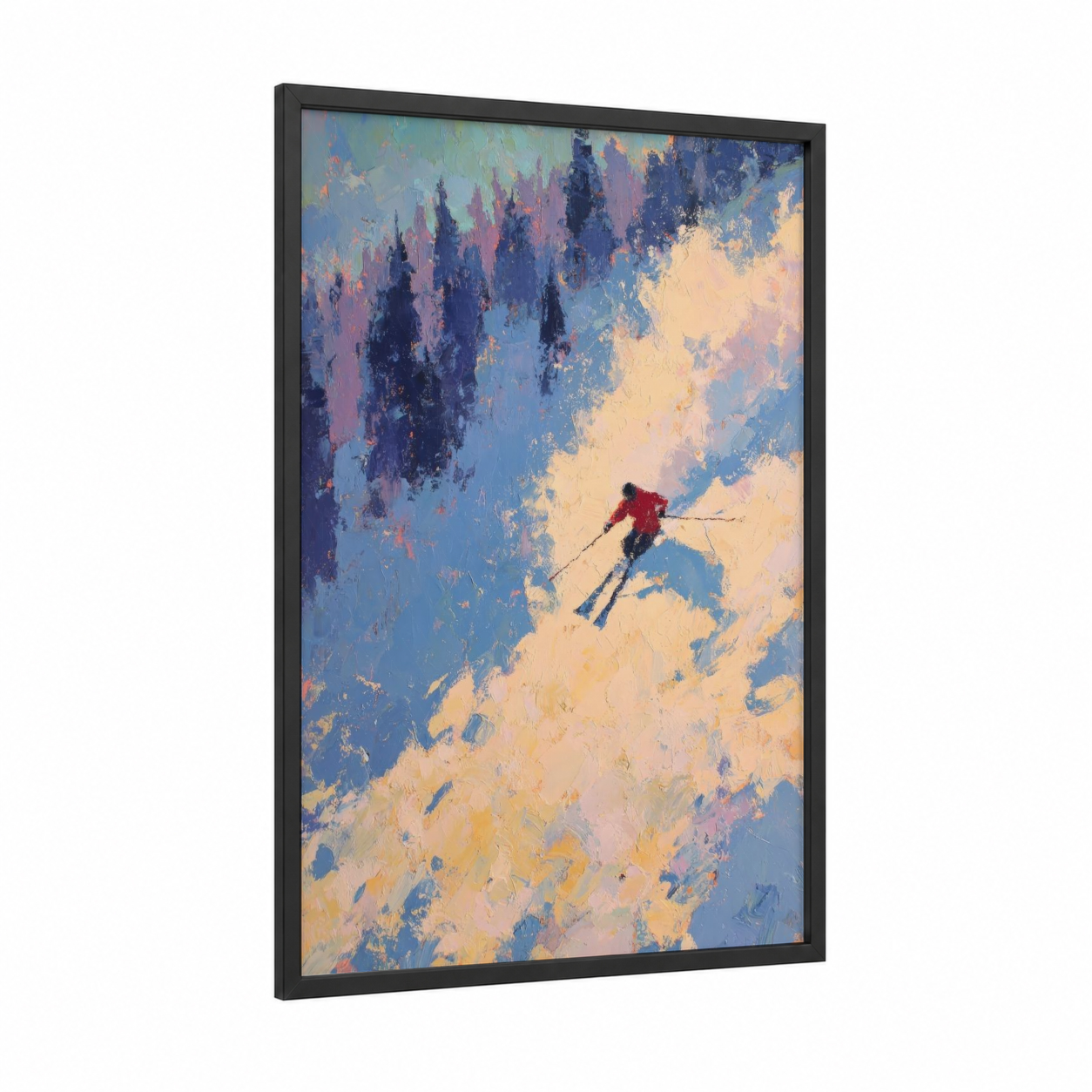 Solitary Skier framed skiing print — black wood frame — blue and gold palette