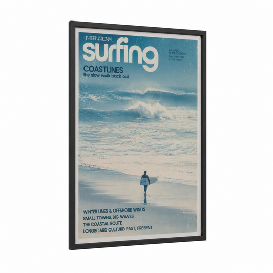 Vintage Surfing Magazine Ocean Waves Wall Art framed water surfing print — black wood frame — blue and beige palette