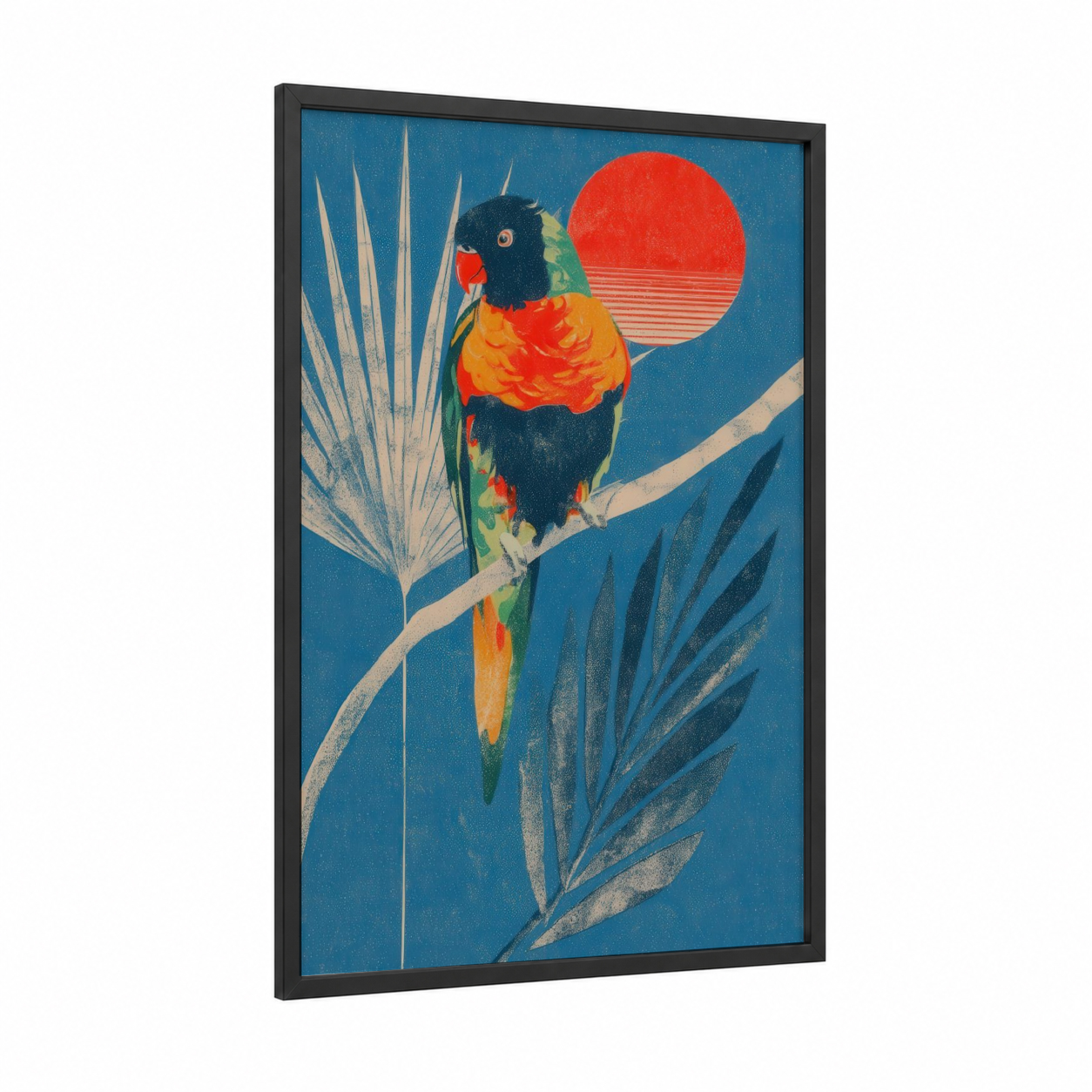 Sunset Lorikeet framed rainbow lorikeet print — black wood frame — blue and red palette