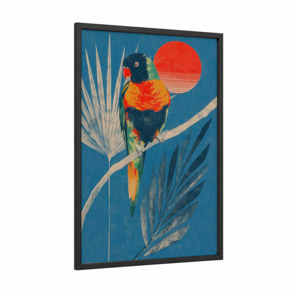 Sunset Lorikeet framed rainbow lorikeet print — black wood frame — blue and red palette