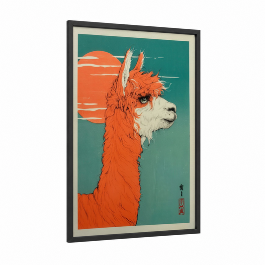 Sunset Alpaca framed art print — black wood frame — orange and teal palette
