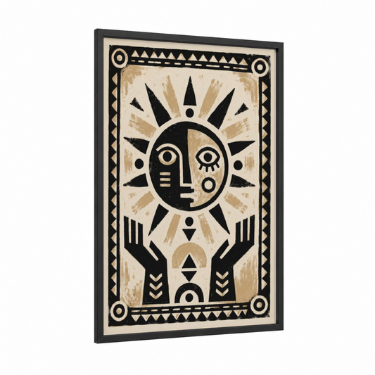 Geometric Sun Face Tribal Wall Art framed the sun print — black wood frame — black and white and beige palette