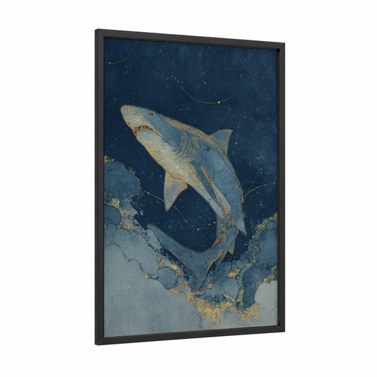 Celestial Lemon Shark framed art print — black wood frame — dark blue and gold palette