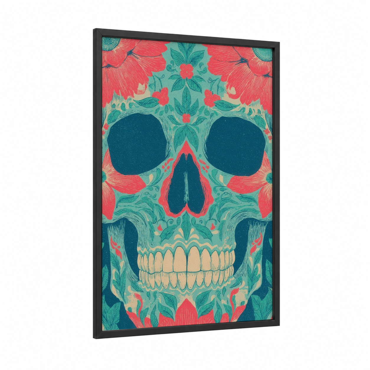 Floral Skull framed dia de los muertos print — black wood frame — teal and salmon pink palette