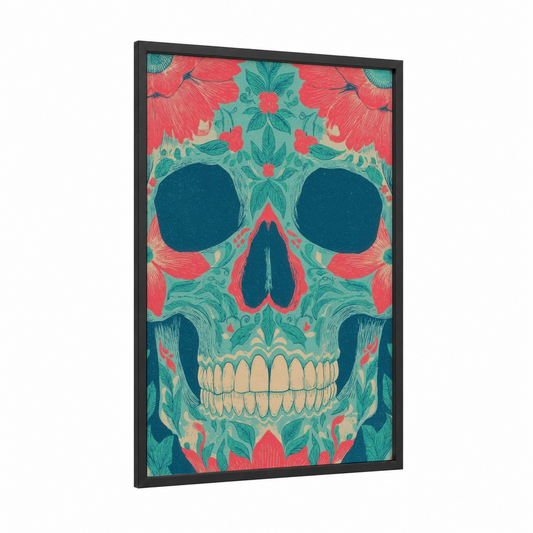 Floral Skull framed dia de los muertos print — black wood frame — teal and salmon pink palette