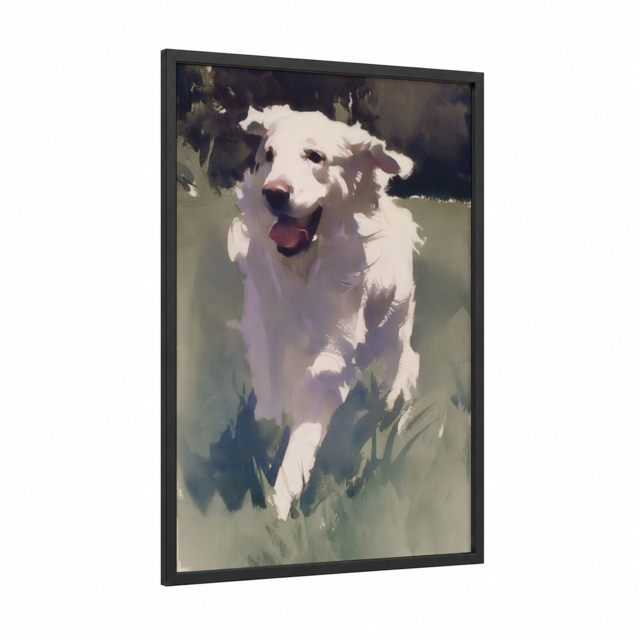 Happy Retriever framed art print — black wood frame — white and sage green palette