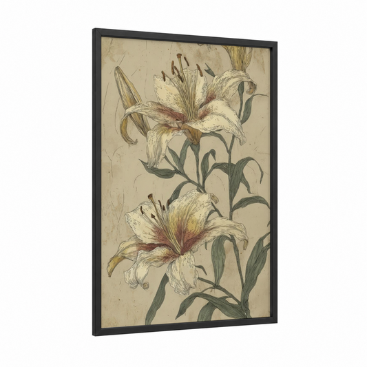 Vintage Lily Study framed art print — black wood frame — cream and maroon palette