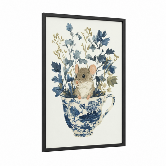 Teacup Mouse framed mice print — black wood frame — blue and white and cream palette