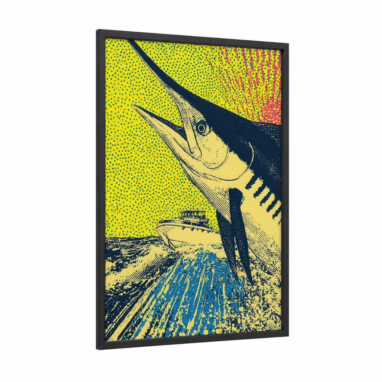 Marlin Sportfisher framed art print — black wood frame — yellow gold and black and blue palette