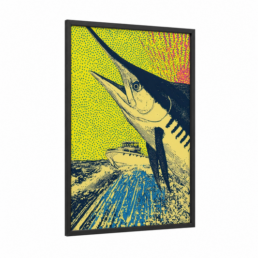 Marlin Sportfisher framed art print — black wood frame — yellow gold and black and blue palette