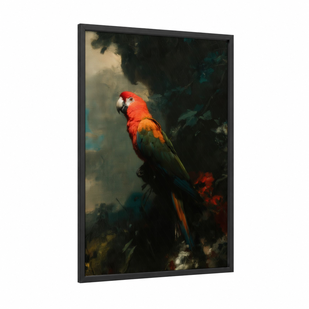 Scarlet Macaw framed safari parrots print — black wood frame — red and teal palette
