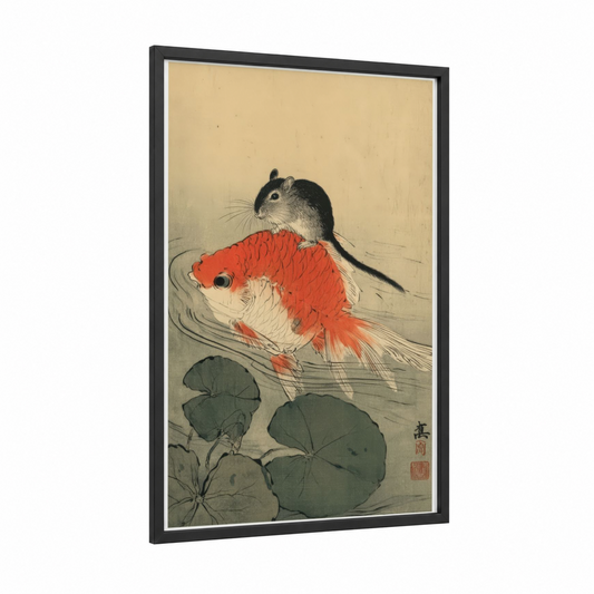 Riverside Gerbil framed art print — black wood frame — beige and red palette