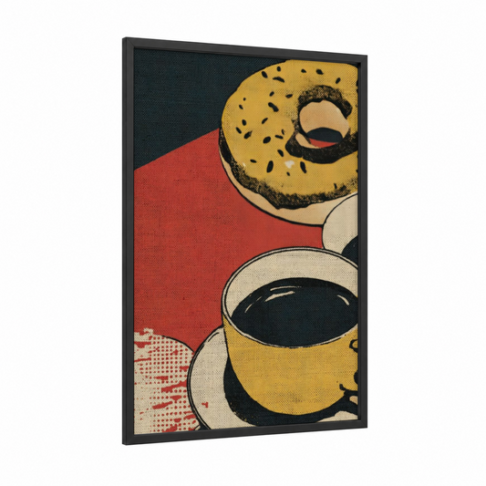 Retro Breakfast Spread framed art print — black wood frame — yellow gold and red palette