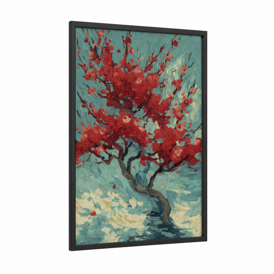 Crimson Bonsai framed bonsai tree print — black wood frame — red and teal palette