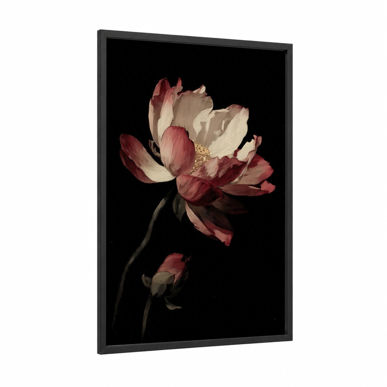Crimson Lotus Bloom framed art print — black wood frame — maroon and cream palette