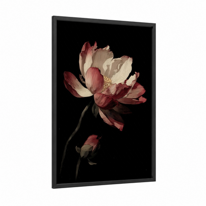 Crimson Lotus Bloom framed art print — black wood frame — maroon and cream palette