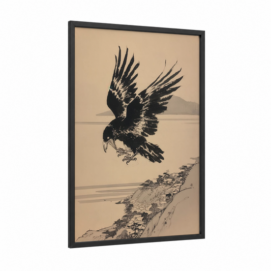Soaring Raven framed crows and ravens print — black wood frame — black and white and cream palette