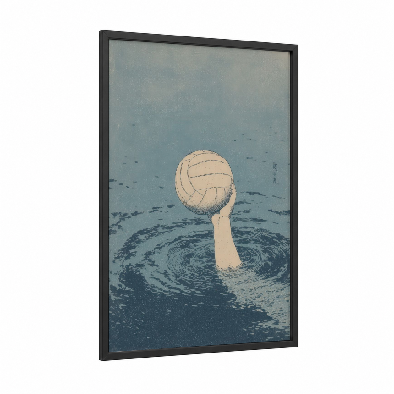 Water Polo Victory framed art print — black wood frame — blue and white and cream palette