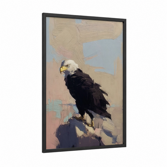 Majestic Eagle framed art print — black wood frame — cream and blue and white palette