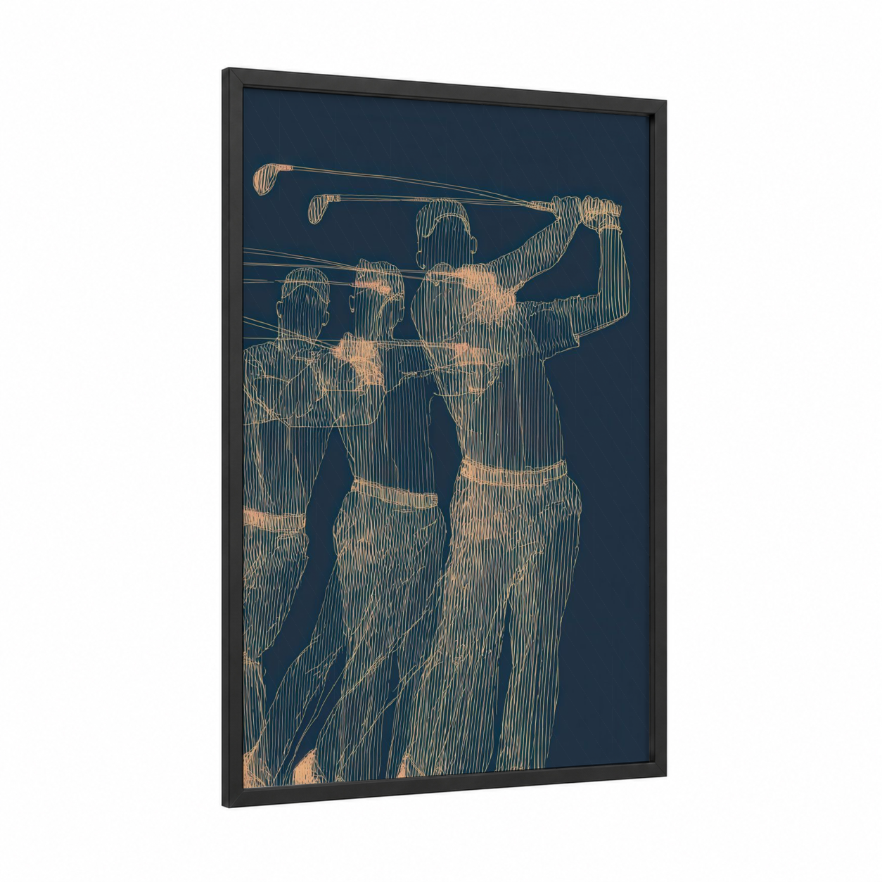 Golden Golfers Swing framed art print — black wood frame — dark blue and gold palette