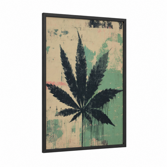 Distressed Cannabis Leaf framed marijuana print — black wood frame — cream and sage green palette
