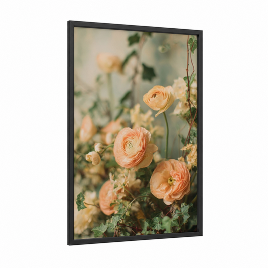 Peachy Ranunculus framed art print — black wood frame — peach and light green palette