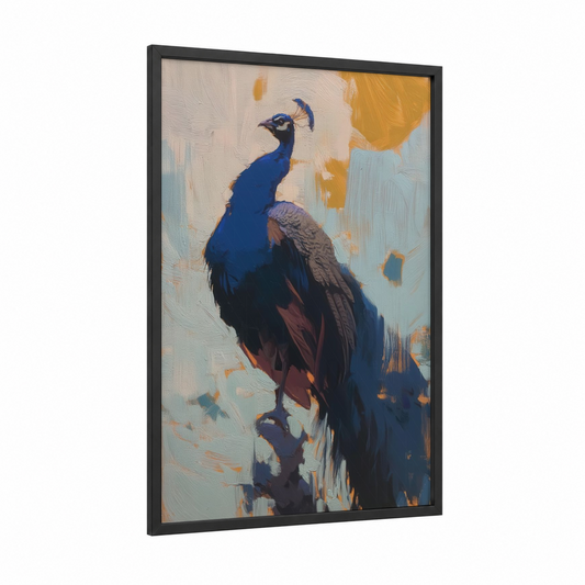 Royal Peacock Portrait framed art print — black wood frame — blue and gold palette