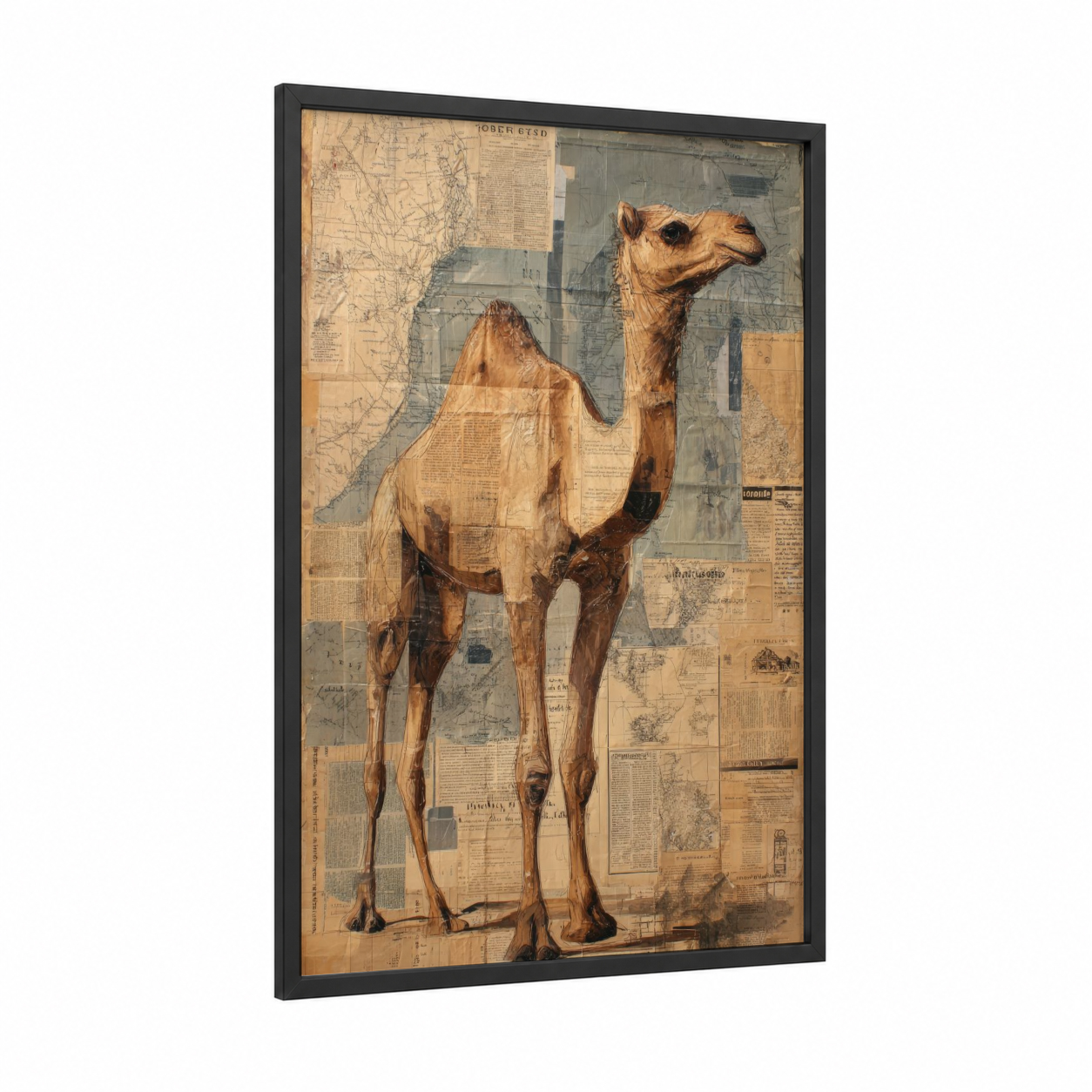Desert Navigator Camel framed art print — black wood frame — beige and gray palette