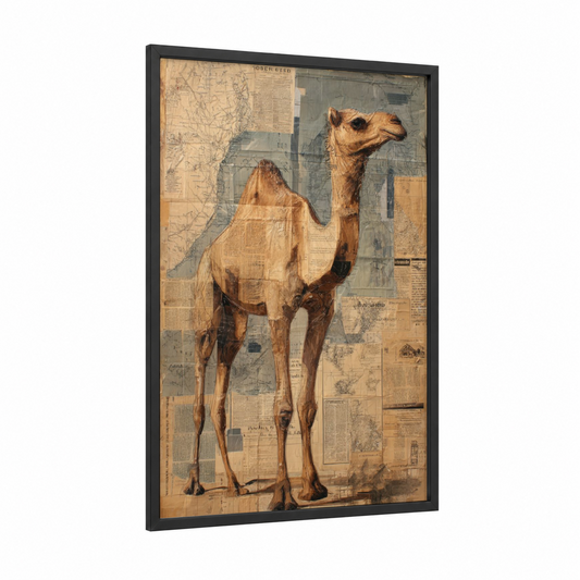 Desert Navigator Camel framed art print — black wood frame — beige and gray palette