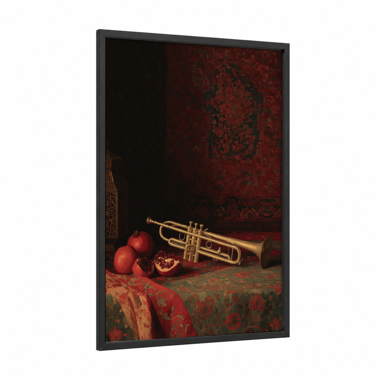 Golden Trumpet Still Life framed art print — black wood frame — maroon and gold palette