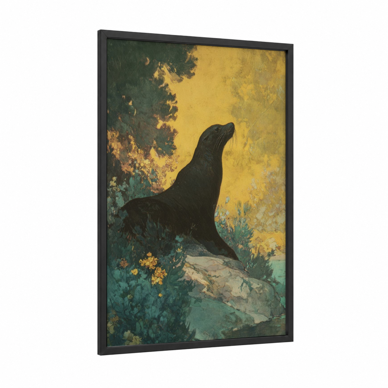 Coastal Sea Lion framed art print — black wood frame — gold and dark green palette