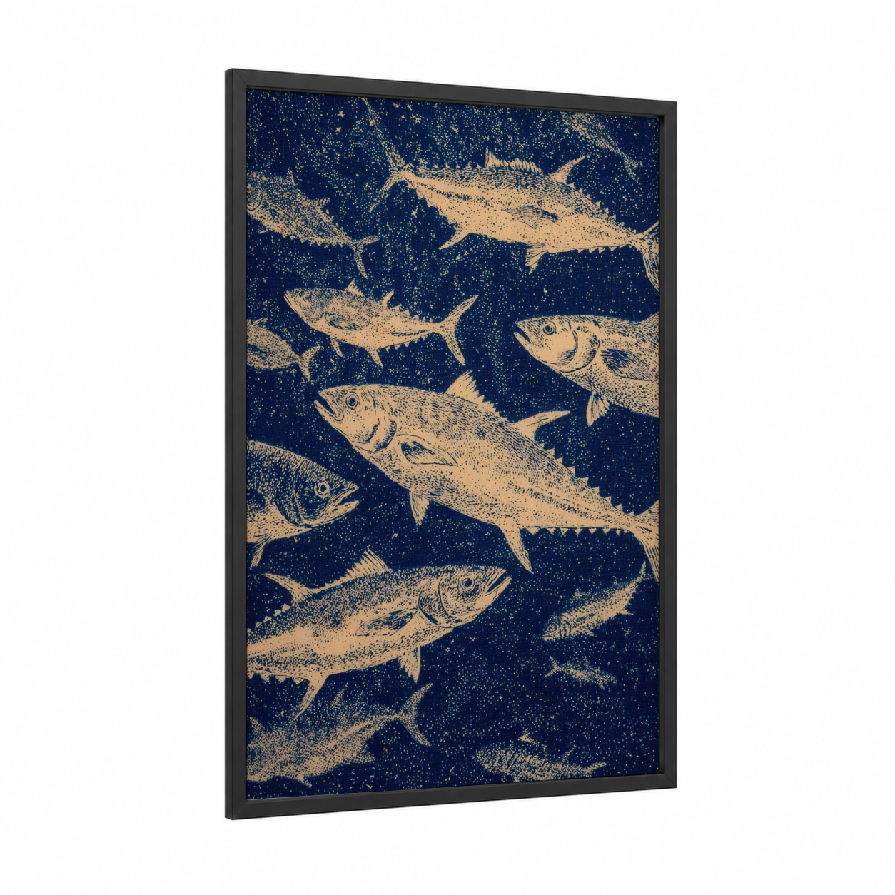 Golden Tuna School framed art print — black wood frame — gold and dark blue palette