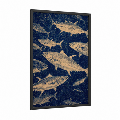 Golden Tuna School framed art print — black wood frame — gold and dark blue palette
