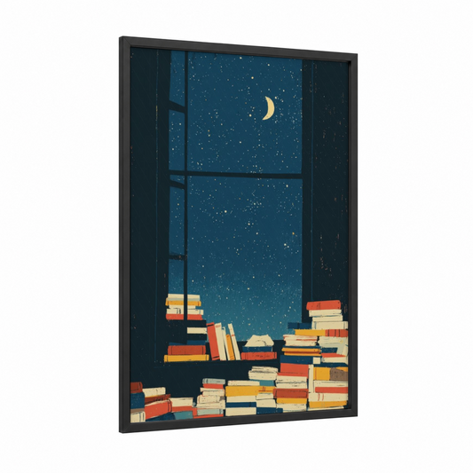 Starlit Window Books framed art print — black wood frame — dark blue and gold palette